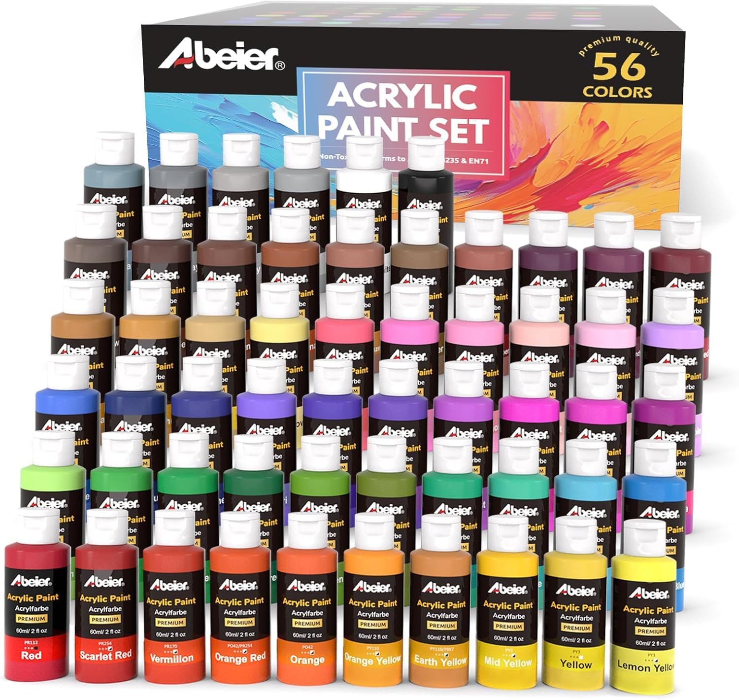 ABEIER Acrylic Paint Set, 56 Colors x 2 oz, Non-Toxic Matte Paint